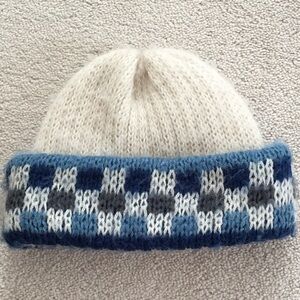 Cozy Women Knit Hat with Blue and Gray Accents